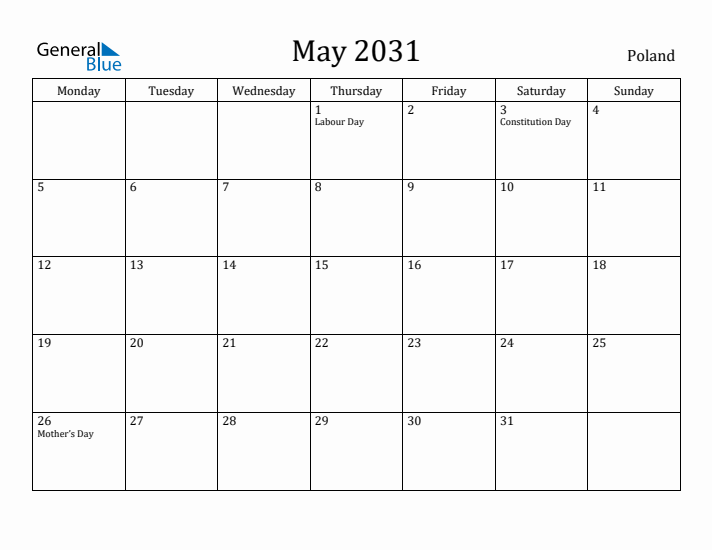 May 2031 Calendar Poland