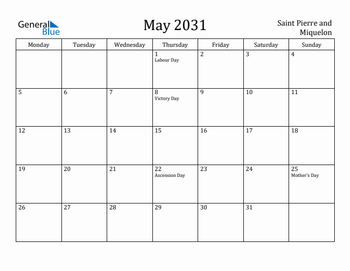 May 2031 Calendar Saint Pierre and Miquelon