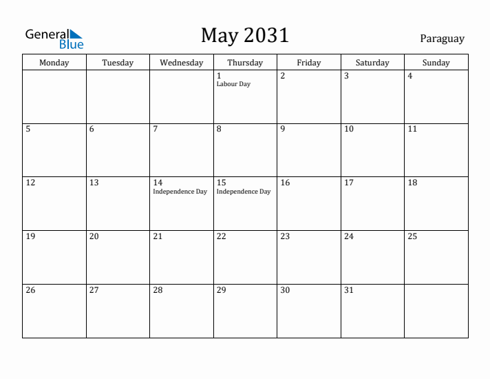 May 2031 Calendar Paraguay
