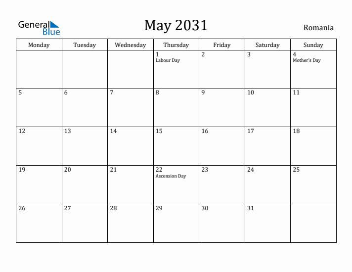 May 2031 Calendar Romania