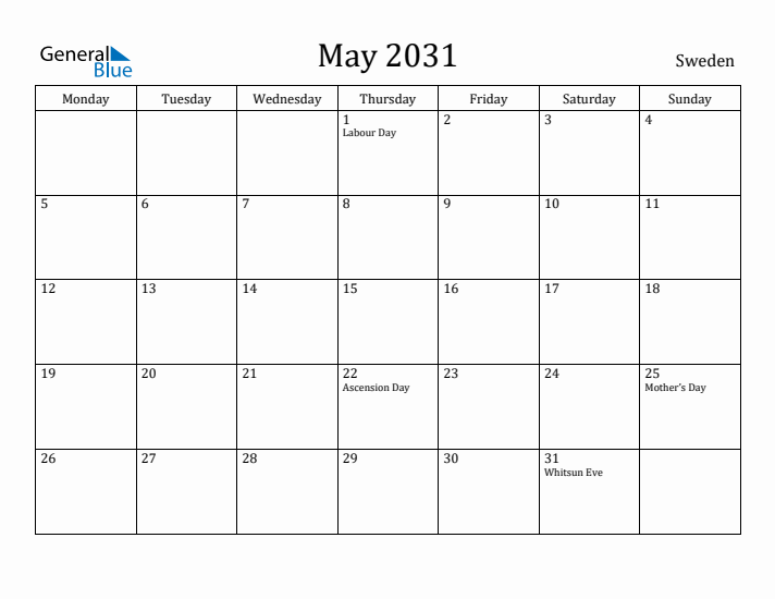 May 2031 Calendar Sweden