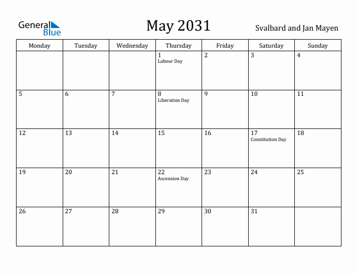 May 2031 Calendar Svalbard and Jan Mayen