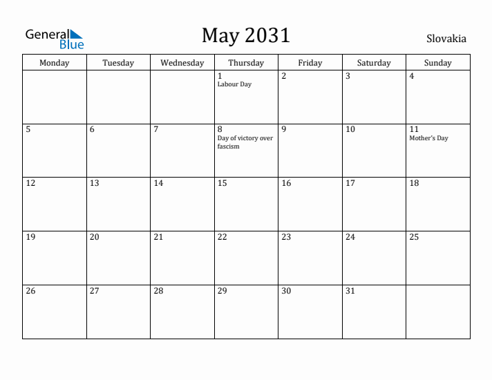 May 2031 Calendar Slovakia