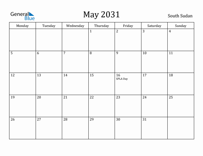 May 2031 Calendar South Sudan