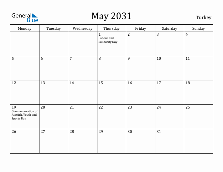 May 2031 Calendar Turkey