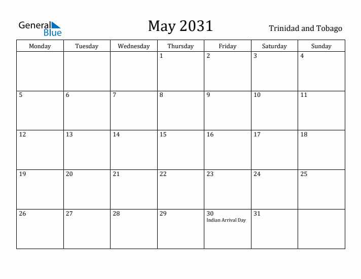 May 2031 Calendar Trinidad and Tobago