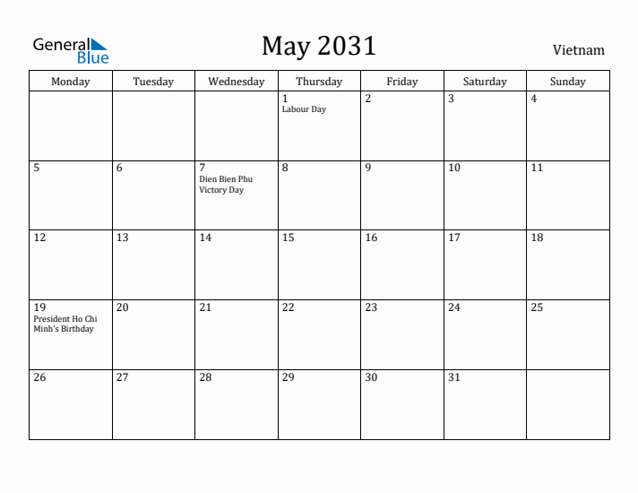 May 2031 Calendar Vietnam