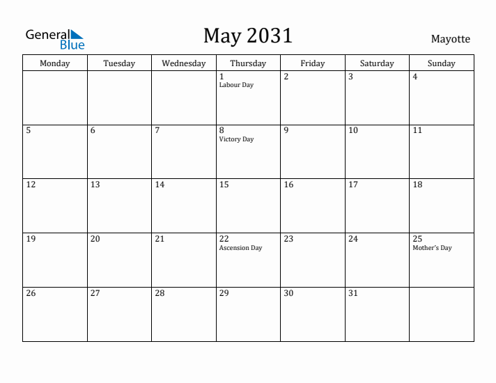 May 2031 Calendar Mayotte