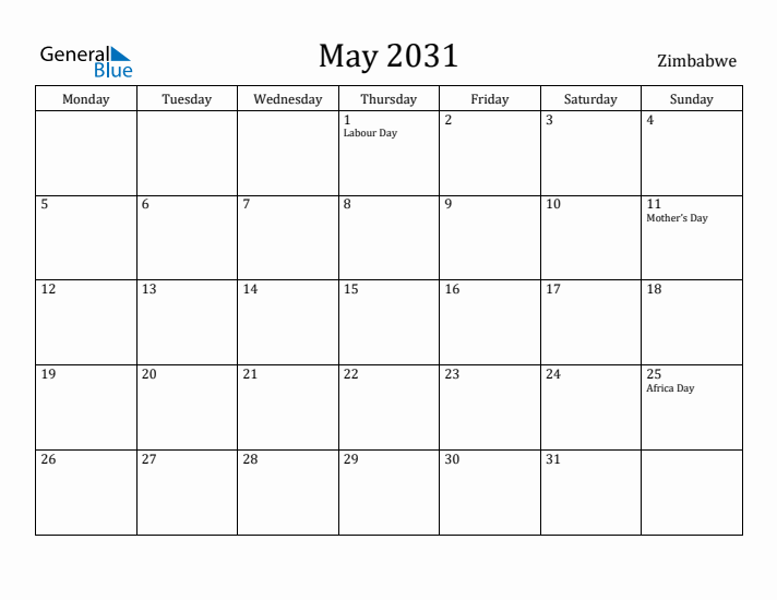 May 2031 Calendar Zimbabwe