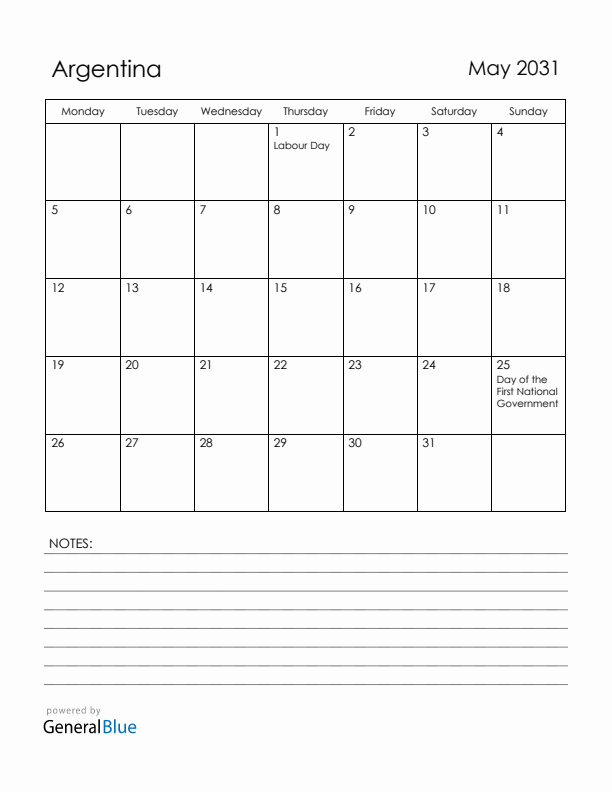 May 2031 Argentina Calendar with Holidays (Monday Start)