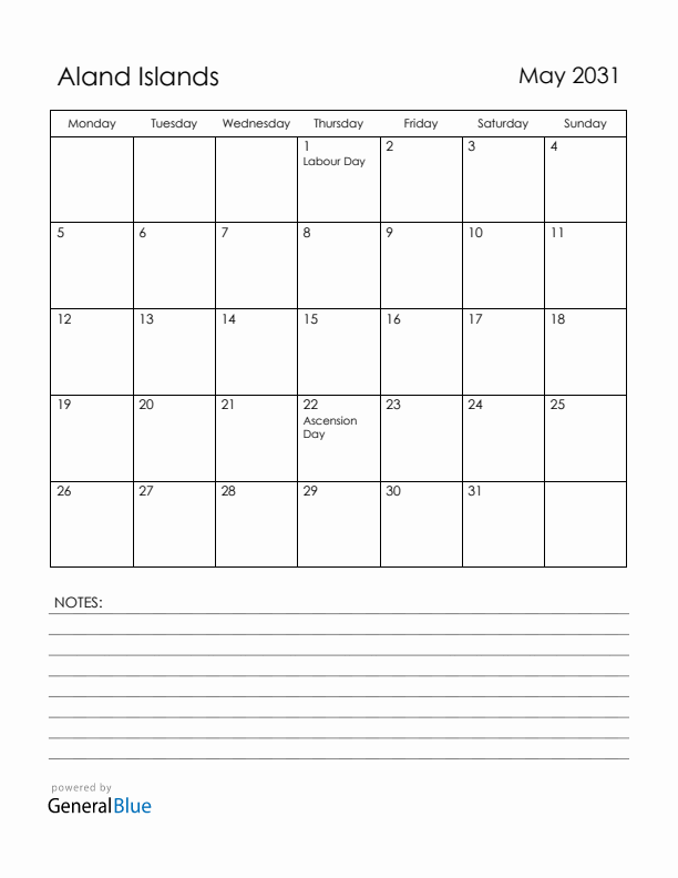 May 2031 Aland Islands Calendar with Holidays (Monday Start)