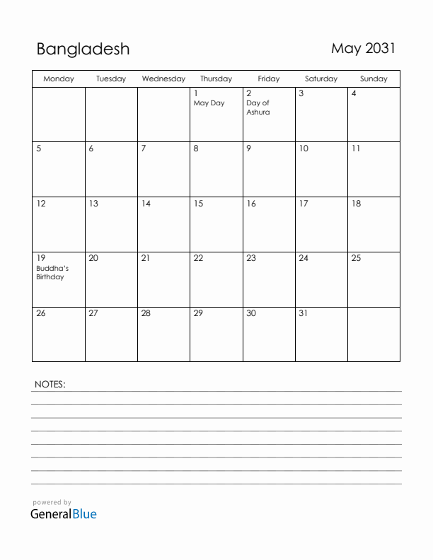 May 2031 Bangladesh Calendar with Holidays (Monday Start)