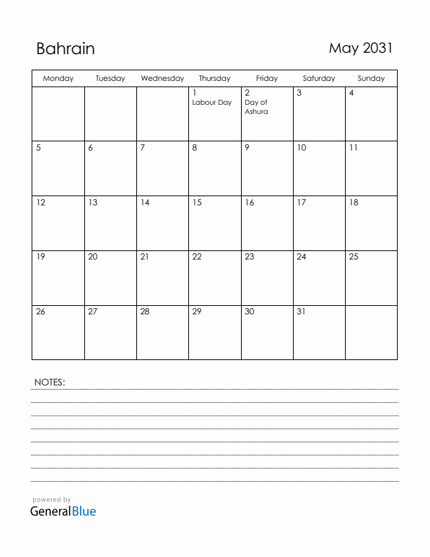May 2031 Bahrain Calendar with Holidays (Monday Start)