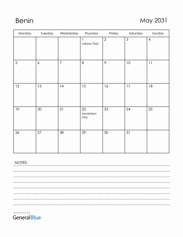 May 2031 Benin Calendar with Holidays (Monday Start)