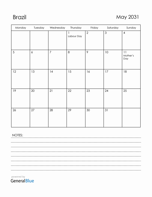 May 2031 Brazil Calendar with Holidays (Monday Start)