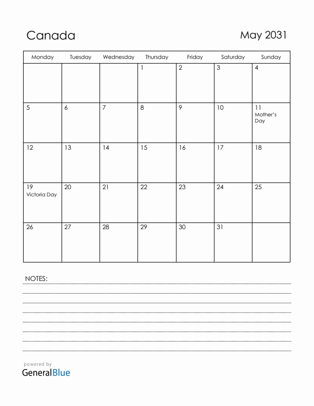 May 2031 Canada Calendar with Holidays (Monday Start)