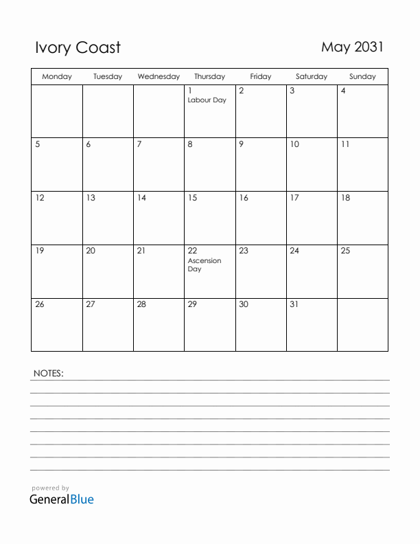 May 2031 Ivory Coast Calendar with Holidays (Monday Start)