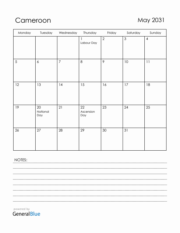 May 2031 Cameroon Calendar with Holidays (Monday Start)