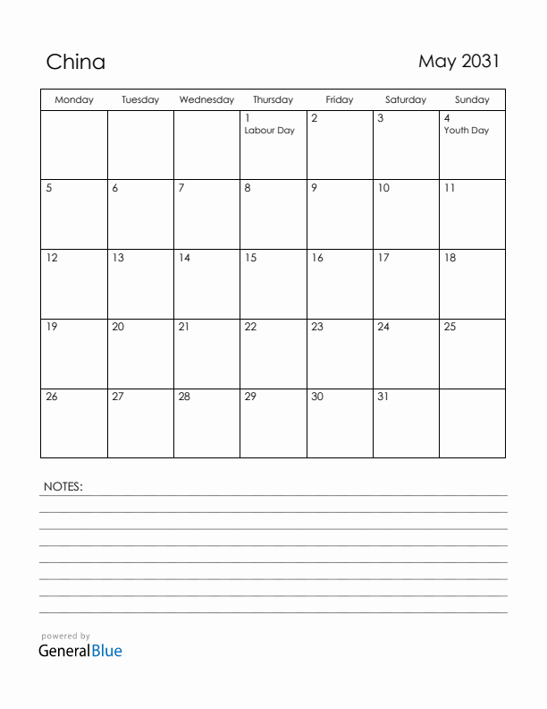 May 2031 China Calendar with Holidays (Monday Start)