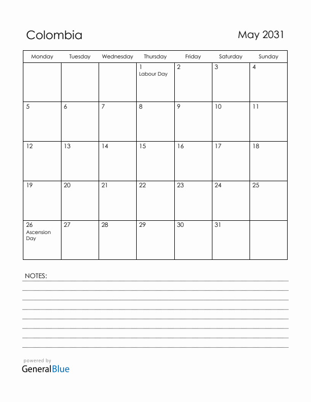 May 2031 Colombia Calendar with Holidays (Monday Start)
