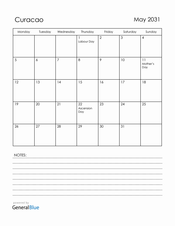 May 2031 Curacao Calendar with Holidays (Monday Start)