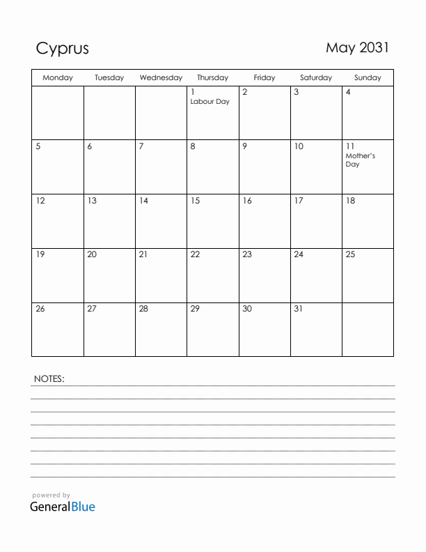 May 2031 Cyprus Calendar with Holidays (Monday Start)