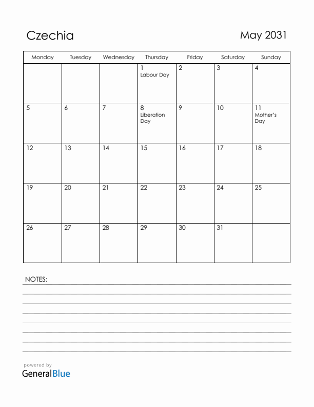 May 2031 Czechia Calendar with Holidays (Monday Start)