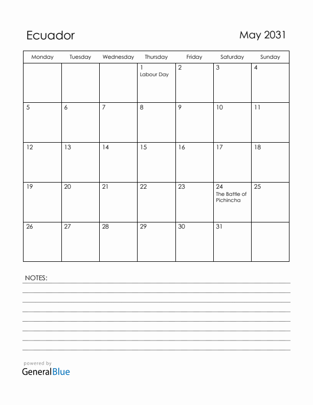 May 2031 Ecuador Calendar with Holidays (Monday Start)