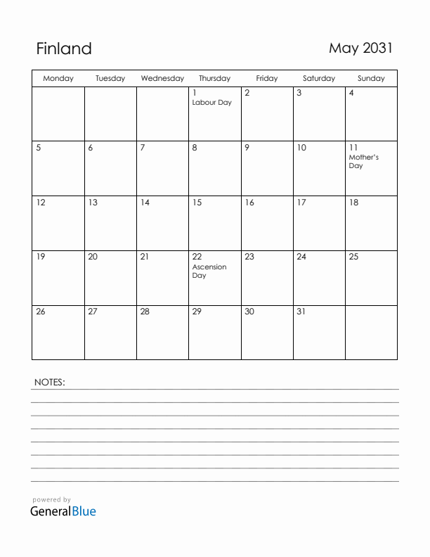 May 2031 Finland Calendar with Holidays (Monday Start)