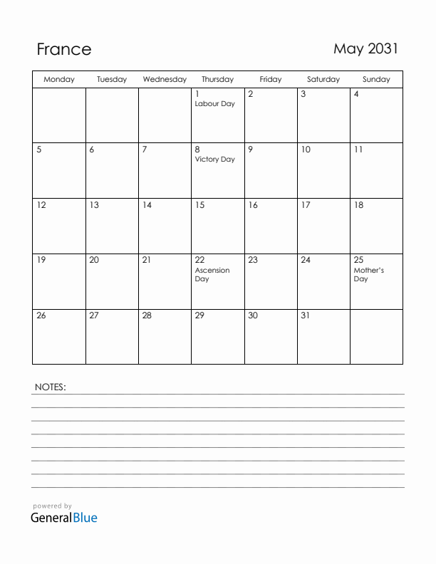 May 2031 France Calendar with Holidays (Monday Start)