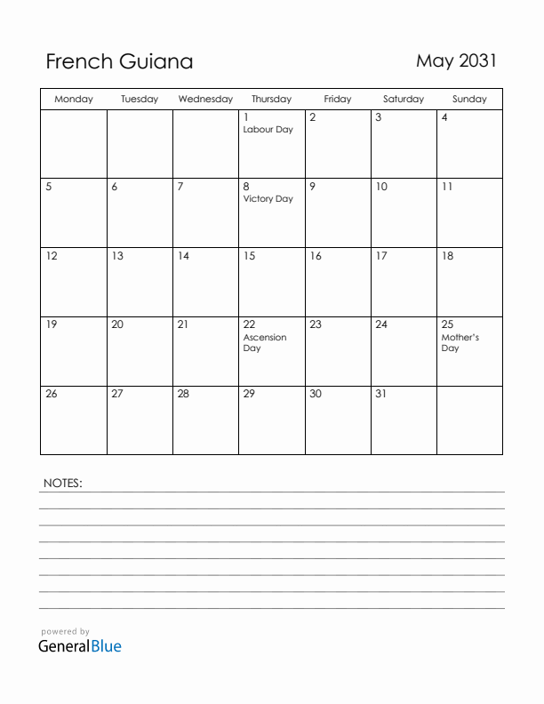 May 2031 French Guiana Calendar with Holidays (Monday Start)