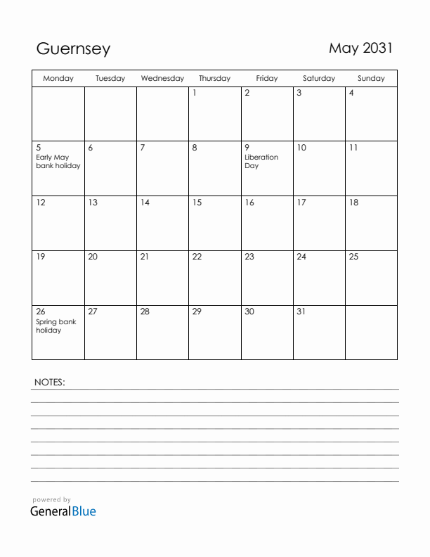 May 2031 Guernsey Calendar with Holidays (Monday Start)