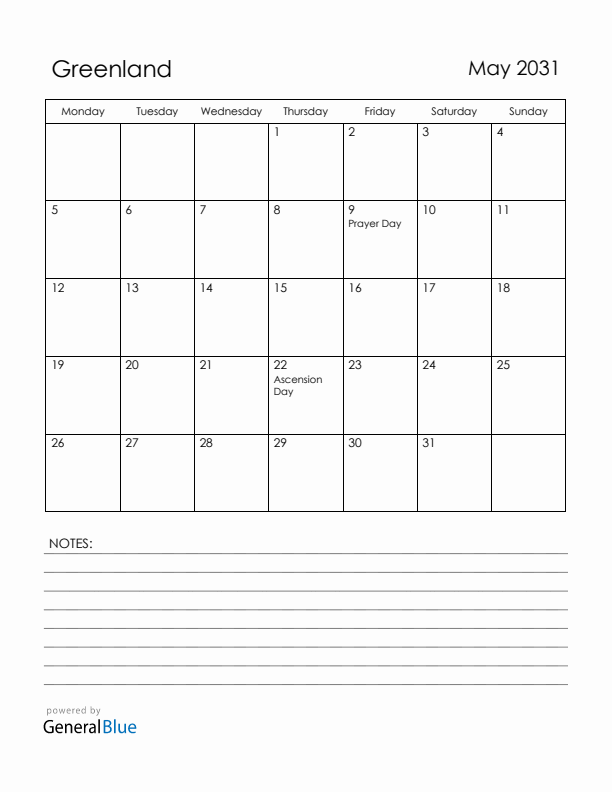 May 2031 Greenland Calendar with Holidays (Monday Start)