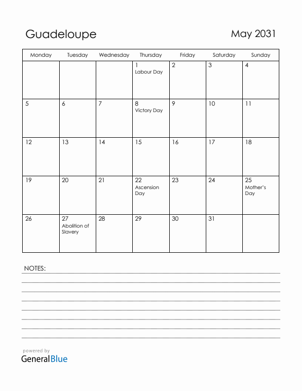 May 2031 Guadeloupe Calendar with Holidays (Monday Start)