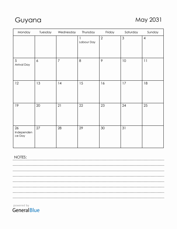 May 2031 Guyana Calendar with Holidays (Monday Start)
