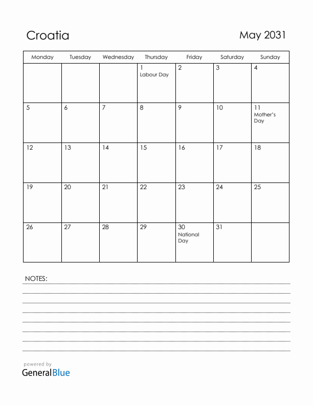 May 2031 Croatia Calendar with Holidays (Monday Start)