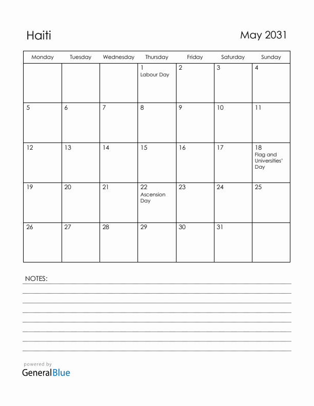 May 2031 Haiti Calendar with Holidays (Monday Start)