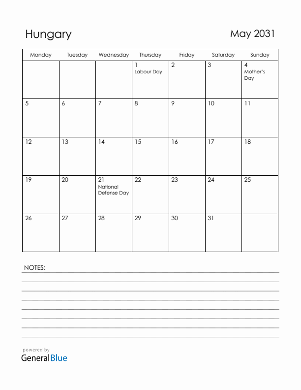 May 2031 Hungary Calendar with Holidays (Monday Start)