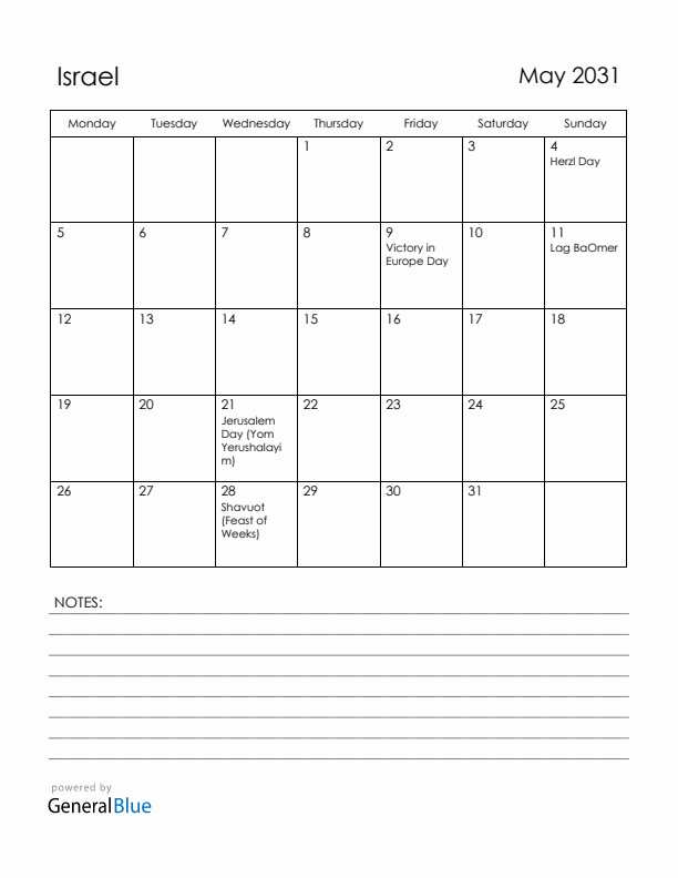 May 2031 Israel Calendar with Holidays (Monday Start)