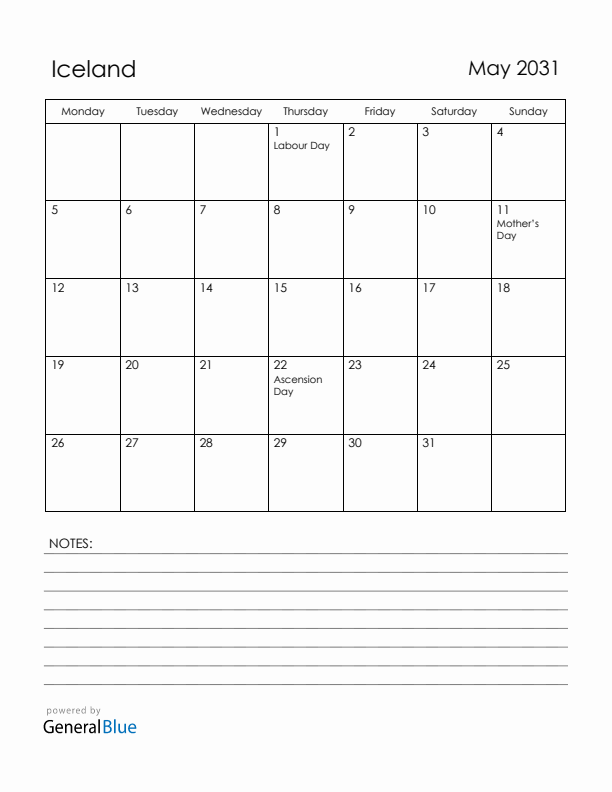 May 2031 Iceland Calendar with Holidays (Monday Start)