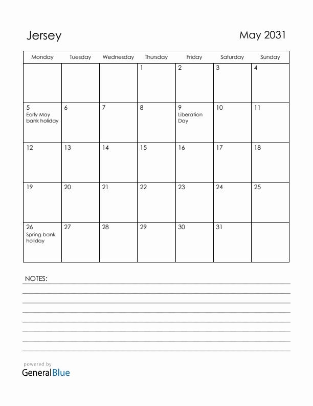 May 2031 Jersey Calendar with Holidays (Monday Start)
