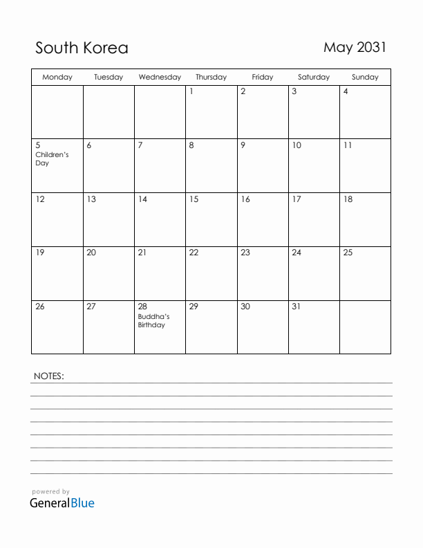May 2031 South Korea Calendar with Holidays (Monday Start)