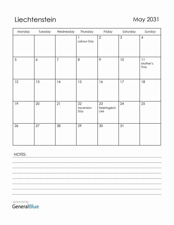 May 2031 Liechtenstein Calendar with Holidays (Monday Start)
