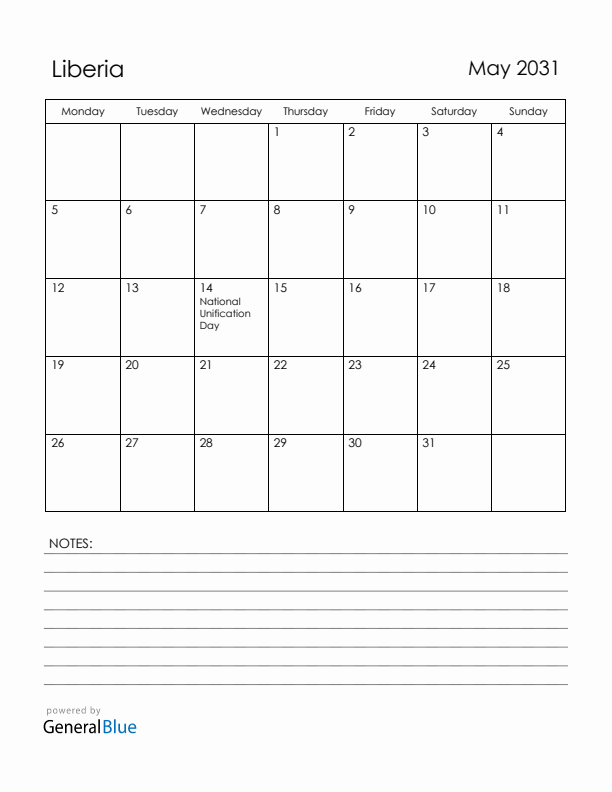 May 2031 Liberia Calendar with Holidays (Monday Start)
