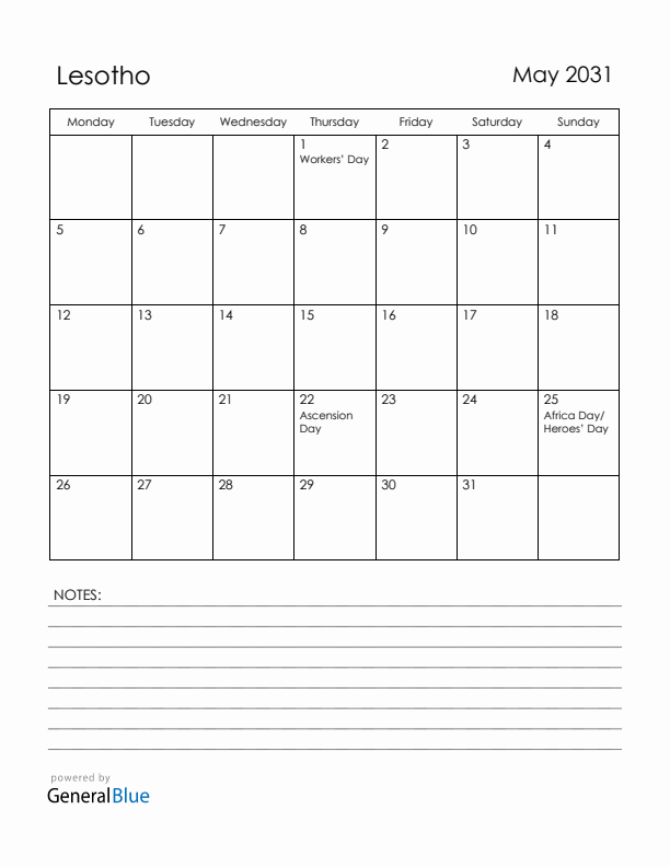May 2031 Lesotho Calendar with Holidays (Monday Start)