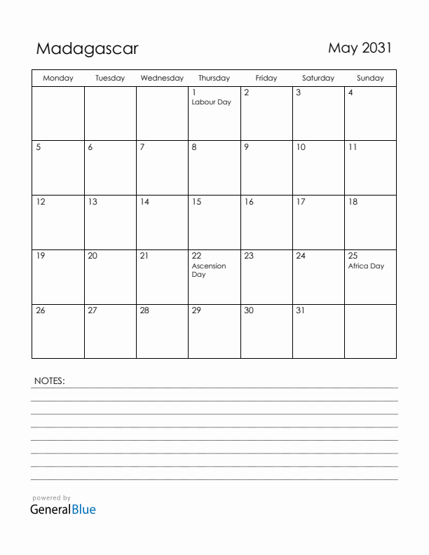 May 2031 Madagascar Calendar with Holidays (Monday Start)