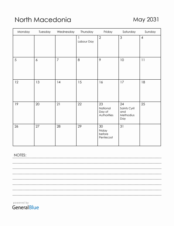 May 2031 North Macedonia Calendar with Holidays (Monday Start)