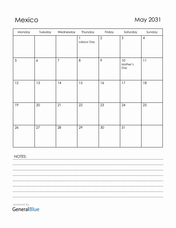May 2031 Mexico Calendar with Holidays (Monday Start)