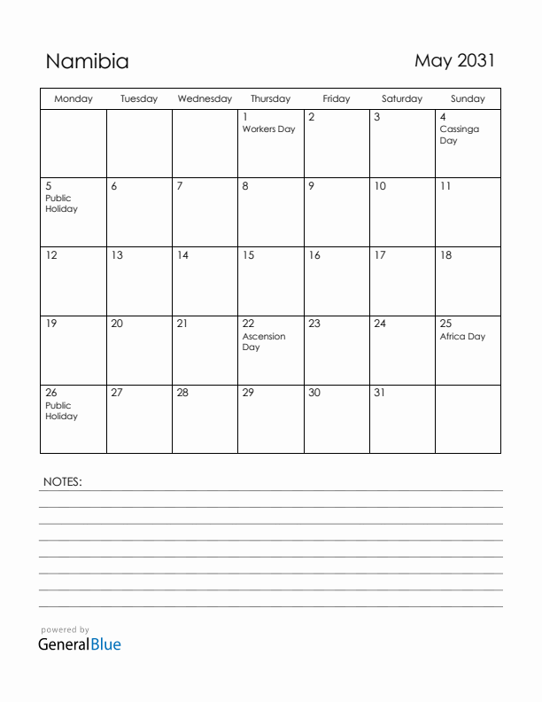 May 2031 Namibia Calendar with Holidays (Monday Start)