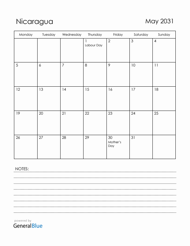May 2031 Nicaragua Calendar with Holidays (Monday Start)